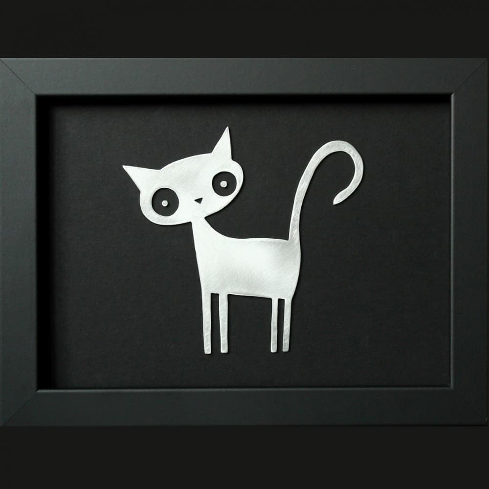 slika,mačka,metal,ručni rad,drveni okvir,crni paspartu